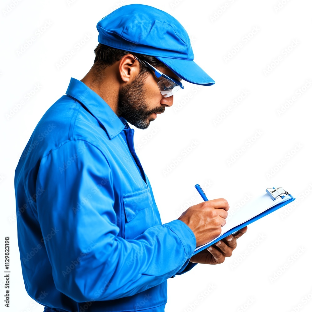 Worker in blue uniform taking notes on clipboard, white isolate background Worker in blue uniform taking notes on clipboard, white isolate background