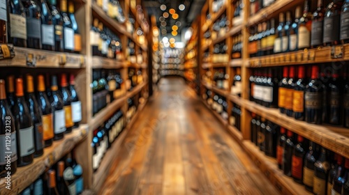 Wine aisle in a store with wooden shelves and bottles.