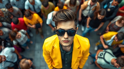 Man in yellow jacket standing out from large crowd of people in the middle of the street
