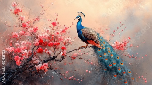 Peacock Branches Flowers Vintage Illustration Background Artistic Watercolor Creative Wallpaper Poster