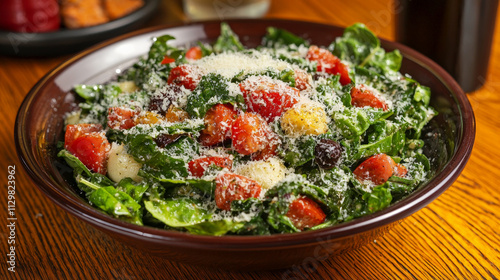 Fresh Caprese salad with tomatoes, greens, and parmesan cheese