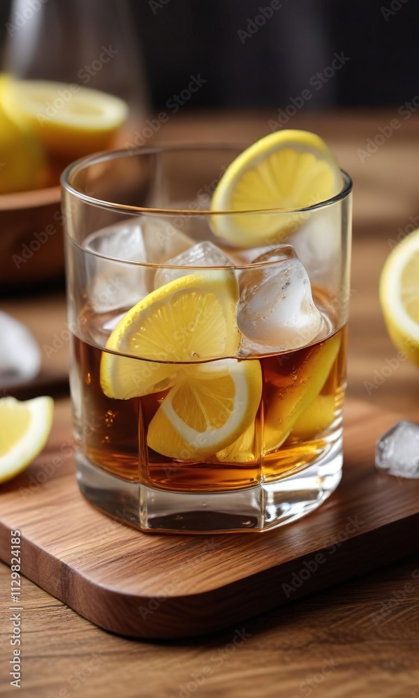 Selective focus on whiskey glass with lemon slice and ice cubes on wooden coaster, whiskey tasting, bourbon lover, alcoholic concoction, highball glass, aged spirits Selective focus on whiskey glass with lemon slice and ice cubes on wooden coaster, whiskey tasting, bourbon lover, alcoholic concoction, highball glass, aged spirits