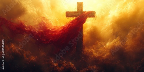 Cross and Red Cloth in Mist and Light: Hope, Faith, Love, and Sacrifice in Christian Spirituality photo