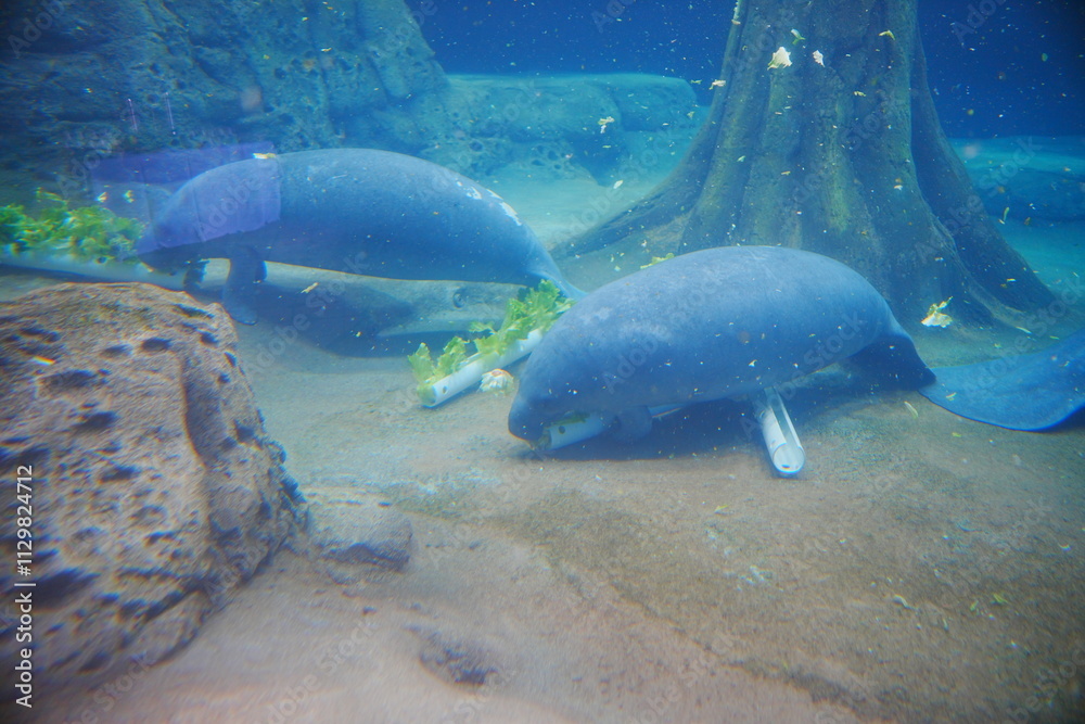 Fototapeta premium Manatee eat delicious lettuce under water