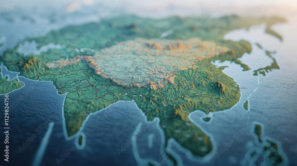 Map atlas concept. Detailed aerial view of Asia showcasing diverse landscapes and geographical features. Map atlas concept. Detailed aerial view of Asia showcasing diverse landscapes and geographical features.