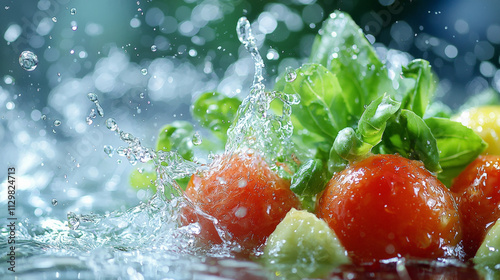 Fresh tomatoes and basil splash in water, creating vibrant scene photo