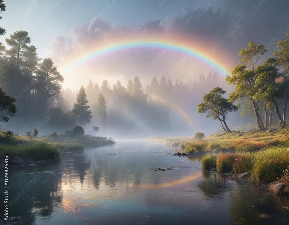 Softly falling mist surrounds a majestic rainbow spanning the serene river , river, rainbow, nature Softly falling mist surrounds a majestic rainbow spanning the serene river , river, rainbow, nature