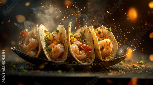 Delicious shrimp tacos served on dark plate with spices and smoke