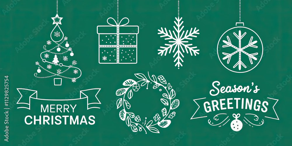 Merry Christmas Festive Line Art Icons Green Background Holiday Greetings Merry Christmas Festive Line Art Icons Green Background Holiday Greetings
