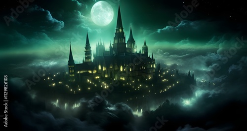 there is a castle in the dark surrounded by some light clouds