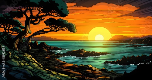 a sunset over a rocky coast with tree
