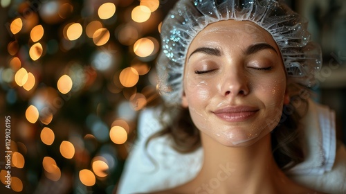 Woman receiving facial treatment, eyes closed, peaceful expression, Christmas lights background.