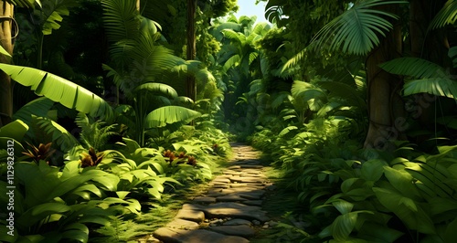 a pathway surrounded by many plants and trees