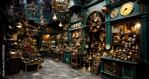 a green store with some large amount of different clocks