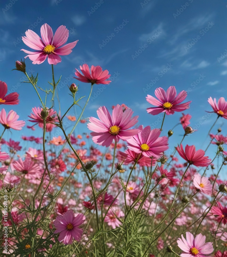 Vibrant colors of cosmos flowers against a clear blue sky , radiant, colorful Vibrant colors of cosmos flowers against a clear blue sky , radiant, colorful
