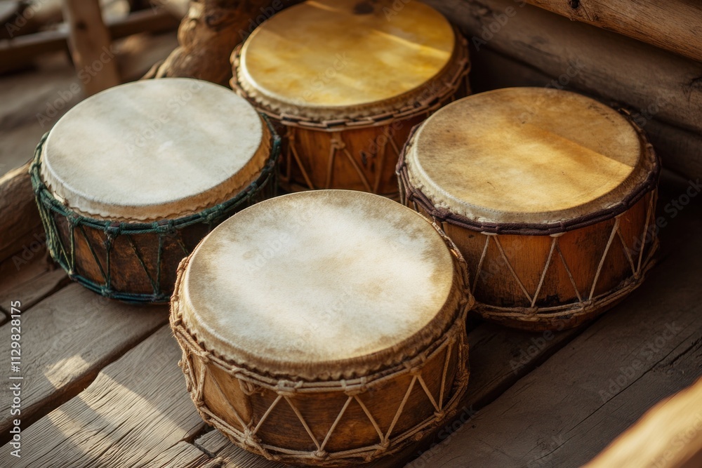 Four Wooden Drums Resting on Rustic Wooden Plank Four Wooden Drums Resting on Rustic Wooden Plank