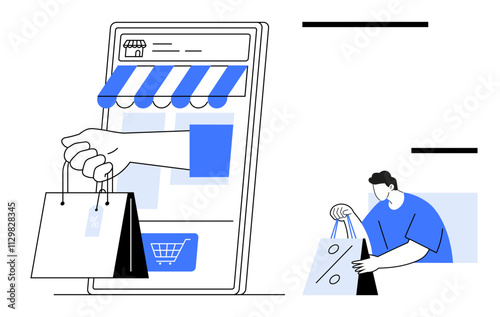 Hand holding shopping bags emerging from a smartphone screen representing online shopping, customer receiving goods. Ideal for e-commerce, retail, customer service, digital marketing, mobile apps