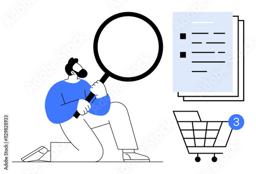 Businessman holding a magnifying glass, examining a document and a shopping cart with notification. Ideal for e-commerce, research, analysis, business strategy, online shopping, market trends