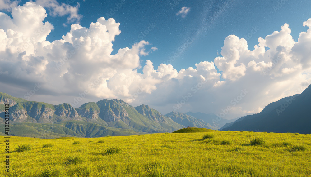 Mountain Landscape with Yellow Grassland Under a Blue Sky