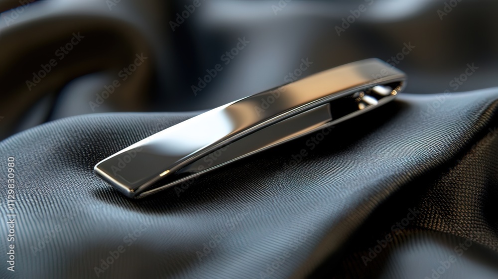 Polished silver tie bar resting on dark gray silk fabric. Polished silver tie bar resting on dark gray silk fabric.