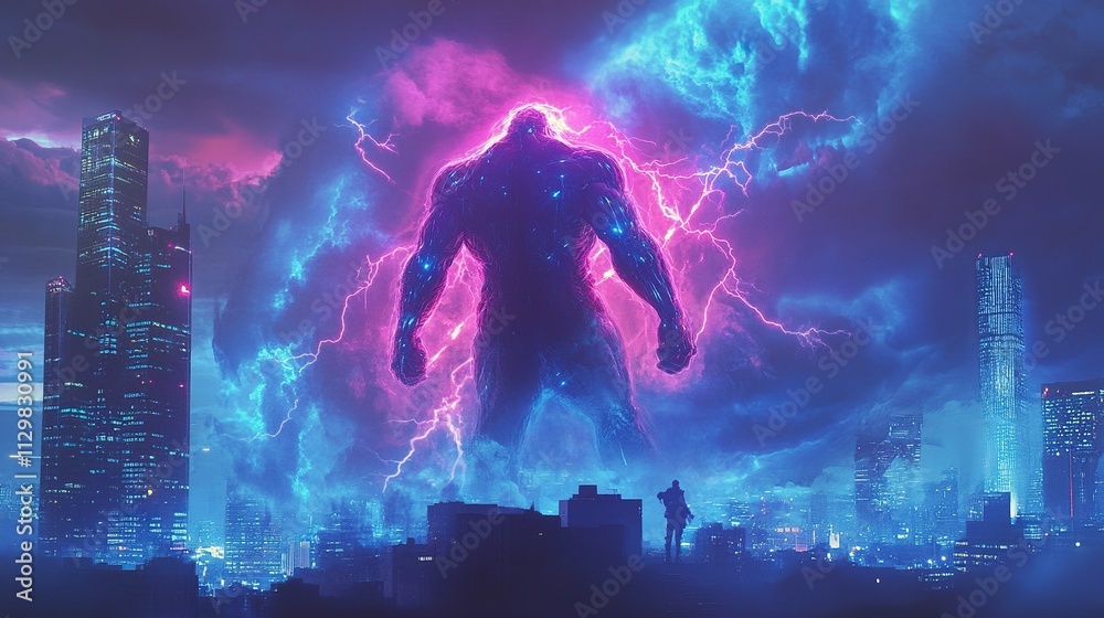 Giant electrifying figure looms over futuristic cityscape. Giant electrifying figure looms over futuristic cityscape.
