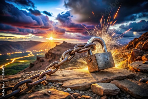 Shattered padlock, liberated landscape. Photography reveals freedom born from overcoming obstacles.