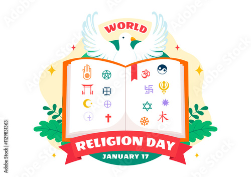 World Religion Day Vector Illustration on 17 January with Symbol Icons of Different Religions to Unity and Respect Among All Beliefs in a Background