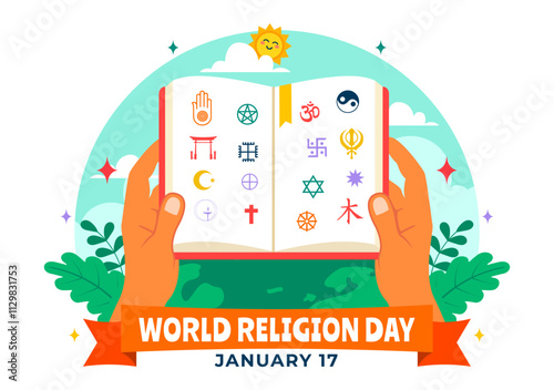 World Religion Day Vector Illustration on 17 January with Symbol Icons of Different Religions to Unity and Respect Among All Beliefs in a Background