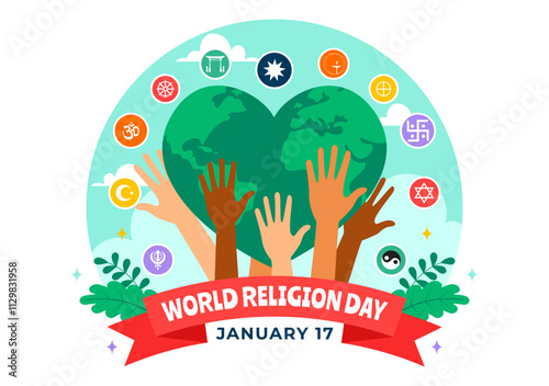 World Religion Day Vector Illustration on 17 January with Symbol Icons of Different Religions to Unity and Respect Among All Beliefs in a Background