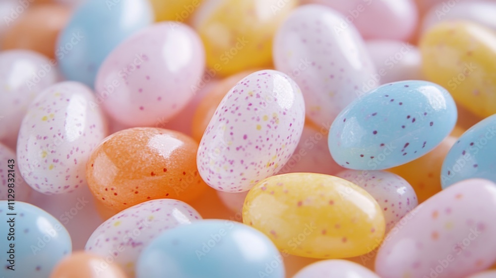 A close-up image of pastel-colored jelly beans with speckled textures, focusing on the intricate details of the candies. The soft, vibrant colors and smooth, glossy surfaces make this shot ideal for A close-up image of pastel-colored jelly beans with speckled textures, focusing on the intricate details of the candies. The soft, vibrant colors and smooth, glossy surfaces make this shot ideal for