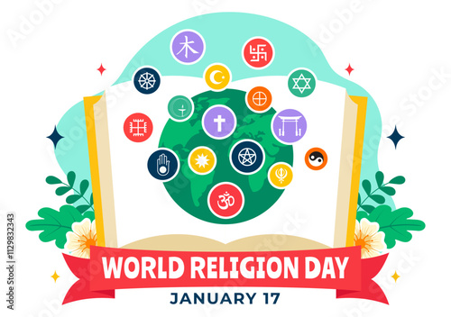 World Religion Day Vector Illustration on 17 January with Symbol Icons of Different Religions to Unity and Respect Among All Beliefs in a Background