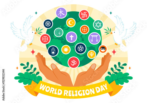 World Religion Day Vector Illustration on 17 January with Symbol Icons of Different Religions to Unity and Respect Among All Beliefs in a Background