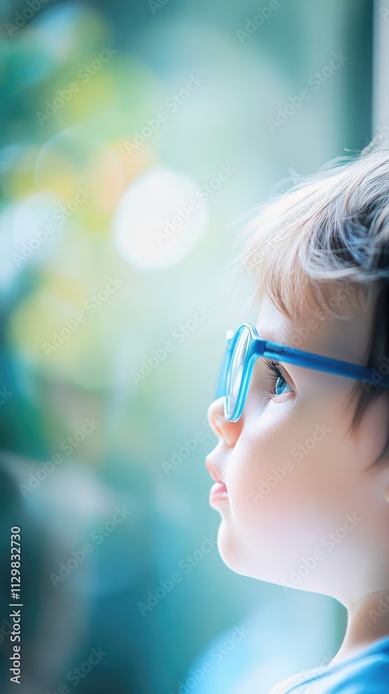 Young child wearing blueglasses focusing on distanttree outside window.symbolizing myopia
prevention and importanceof outdoor activities. Young child wearing blueglasses focusing on distanttree outside window.symbolizing myopia
prevention and importanceof outdoor activities.