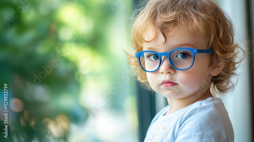Young child wearing blueglasses focusing on distanttree outside window.symbolizing myopia
prevention and importanceof outdoor activities. photo