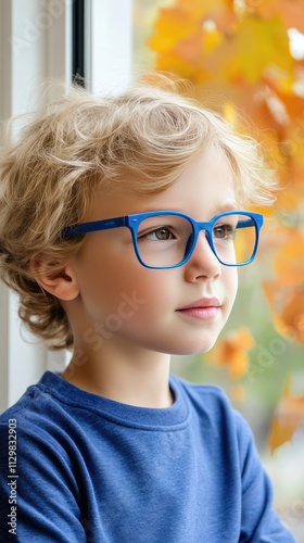 Young child wearing blueglasses focusing on distanttree outside window.symbolizing myopia
prevention and importanceof outdoor activities. photo