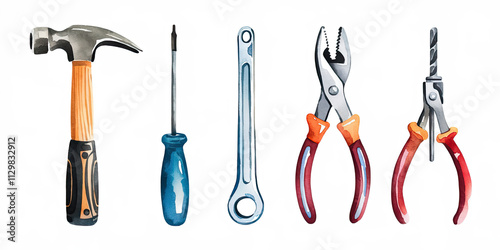 Watercolor Hand Tools Hammer Screwdriver Wrench Pliers Drill