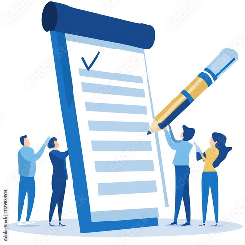 Collaborative Teamwork Illustration:  Checklist Completion, Project Management, and Goal Achievement
