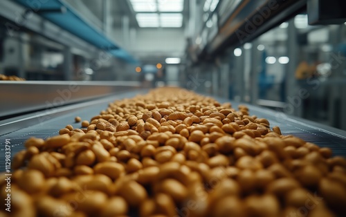 Freshly roasted peanuts glide along a conveyor belt, ready for packaging.  A glimpse into the nutty world of food production!