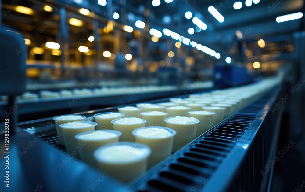 Yogurt production line: Cups filled with creamy goodness, moving along a conveyor belt in a modern dairy plant. A glimpse into the food industry. Yogurt production line: Cups filled with creamy goodness, moving along a conveyor belt in a modern dairy plant. A glimpse into the food industry.