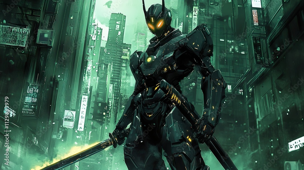Futuristic samurai warrior in neon-lit city.