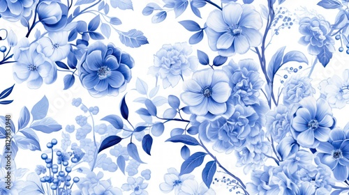 Wallpaper Mural Intricate Blue Floral Illustration with Leaves Torontodigital.ca