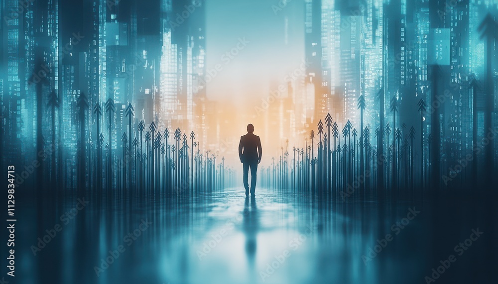 arrow pointing upwards, surrounded by arrows in different directions with an abstract target icon above it and a business person silhouette in the background arrow pointing upwards, surrounded by arrows in different directions with an abstract target icon above it and a business person silhouette in the background