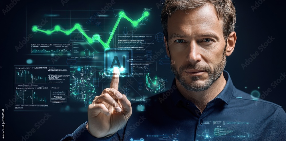 businessman touching the ai icons, future concept businessman touching the ai icons, future concept