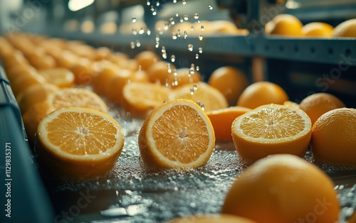 Fresh citrus fruits halved, glistening with water, move along a conveyor belt, ready to be juiced. A refreshing visual!