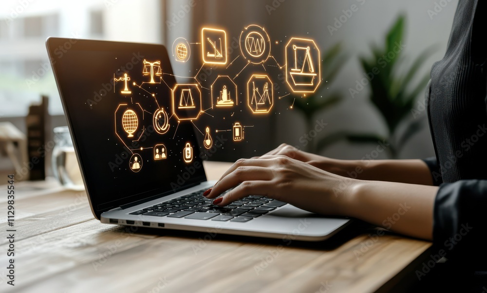 person using a laptop with digital documents and icons floating above it person using a laptop with digital documents and icons floating above it