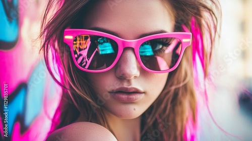 Vibrant Fashion Statement: Woman in Pink Sunglasses with Graffiti Art Background