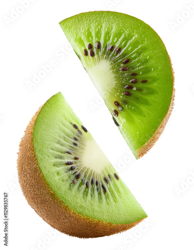 Another vibrant green slice of falling kiwi isolated on white its interior in full depth of field