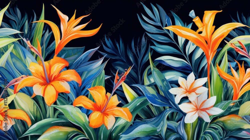 Tropical Flowers and Leaves on Dark Background Tropical Flowers and Leaves on Dark Background