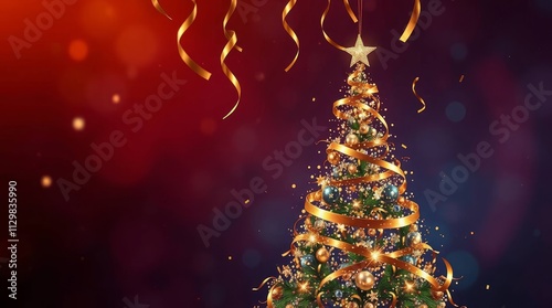 Christmas tree decorated with colorful ornaments and ribbons, shining on a blurred background. Perfect for festive decoration and Christmas atmosphere