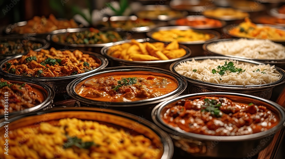 Buffet table displays various Indian dishes. Bowls filled with curries rice and vegetables. Indian cuisine spread. Food display for restaurant or banquet. Appetising meal presentation. Buffet table displays various Indian dishes. Bowls filled with curries rice and vegetables. Indian cuisine spread. Food display for restaurant or banquet. Appetising meal presentation.